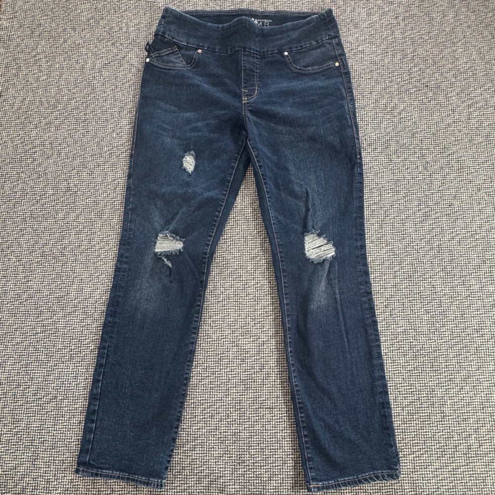 Rock & Republic Denim Rx Distressed Pull On Straight Leg Jeans Dark Wash Sz 14